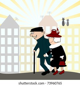 vector illustration of a happy senior couple walking on a street