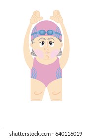 Vector illustration of happy senior woman wearing swimwear for swimming pool. Concepts and themes of grandmother, retirement, sport, swimming pool, health, active seniors