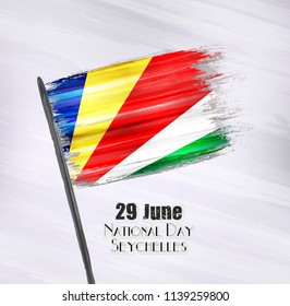 Vector illustration of Happy Seychelles National Day 29 June. Waving flags isolated on gray background.