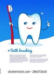 Vector illustration of happy and shiny cartoon tooth character with toothbrush.