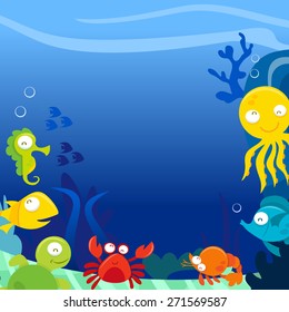 A vector illustration of happy silly cute sea animals underwater square copy space background.