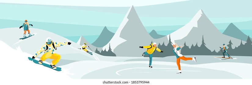 Vector illustration with Happy Skaters, skiers and snowboarders having fun on ski resort. Winter sports resort in mountains hills.