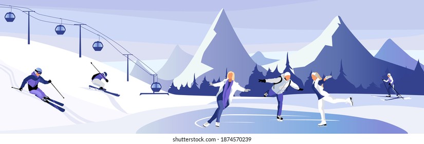 Vector illustration with Happy Skaters and skiers having fun on ski resort. Winter sports resort in mountains hills.