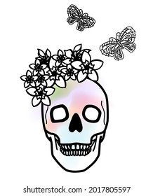 
vector illustration of happy skull with flowers and butterflies