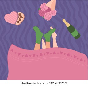 Vector illustration for happy sleep together. Young couple notes under the cloak with sweets and champagne and flowers.