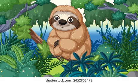 Vector illustration of a happy sloth in the forest