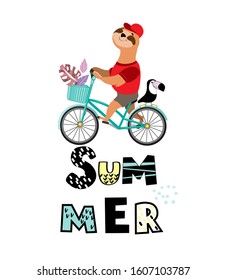 Vector illustration of a happy sloth rides a bicycle, toucan and the inscription summer on a white background. Vacation and summer concept