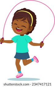 Vector illustration of happy small girl jumping rope. Kid doing leisure activity