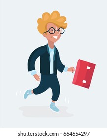 Vector illustration of happy smart schoolboy with suitcase and glasses briefcase go to school. Character on white isolated background
