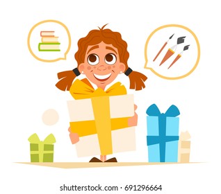 Vector illustration happy smile cute little girl and big gift box