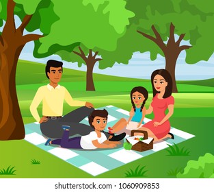 Vector illustration of happy and smiley family on a picnic. Dad, mom, son and daughter are resting in nature background in a flat style.