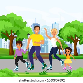 vector illustration of happy and smiley family skating on roller skates in the park. Dad, mom, daughter and son skating together in big city park in a flat cartoon style.