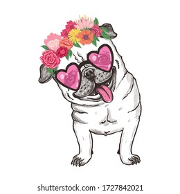 Vector illustration of a  happy smiley pug in glasses and flower wreath. T shirt print design.