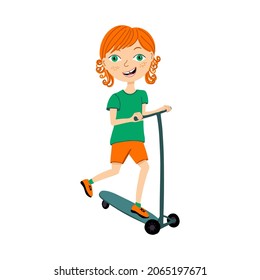 Vector illustration of happy smiling boy riding kid scooter. Summer children sport activity.  Cartoon style portrait isolated on white background.