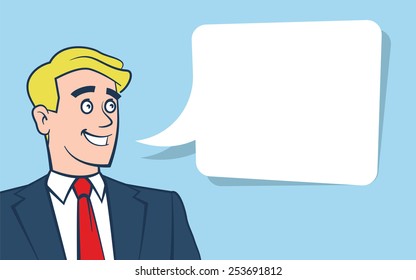 Vector illustration of happy smiling businessman looking away with empty text bubble on blue background accurate layer organised for easy colour customization