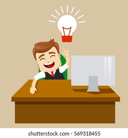 Vector illustration of happy smiling businessman. Concept creating new ideas or thoughts.