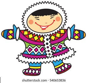 Vector illustration of a happy smiling  cartoon Eskimo boy in colorful national costumes.
