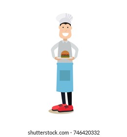 Vector illustration of happy smiling chef or cook in uniform holding plate with burger. Food people flat style design element, icon isolated on white background.