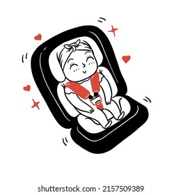 Vector illustration of happy smiling child sitting in a car seat on a white background. Hand drawn vector illustration doodle style.