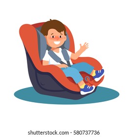 Vector illustration of happy smiling child sitting in a car seat on a white background