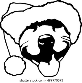 Vector Illustration of Happy Smiling Christmas Pet Dog in a Santa Hat. Black and White Line Drawing Holiday Logo.