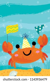 Vector illustration of happy smiling crab underwater wearing a party hat and holding up colorful banners