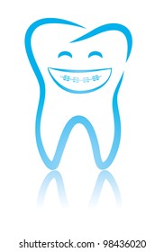 Vector illustration of  happy smiling dental tooth with braces