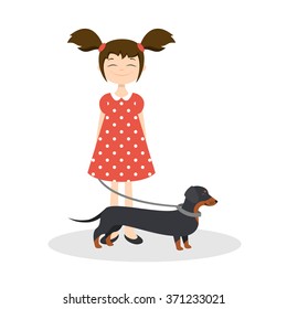 Vector illustration of happy smiling girl with her dachshund