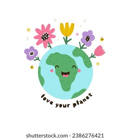 Ilustración vectorial de un globo sonriente feliz, planeta Tierra lindo y flores coloridas. Ama el concepto de tu planeta, imagen gráfica