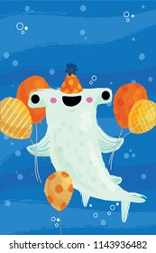 Vector illustration of happy smiling hammerhead shark wearing a party hat and holding up colorful balloons