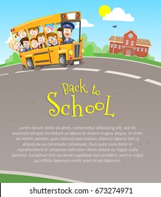 Vector illustration of happy smiling kids going back to school on a school bus with a driver. Copy space for your text