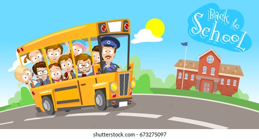 Vector illustration of happy smiling kids going back to school on a school bus with a driver