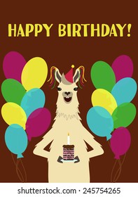 Vector illustration. Happy smiling llama with slice of cake celebrates birthday or another party