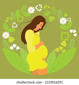 vector illustration of happy smiling pregnant woman in garden with flowers