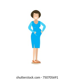 Vector illustration of happy smiling pregnant woman caressing her belly. People and relations concept flat style design element, icon isolated on white background.