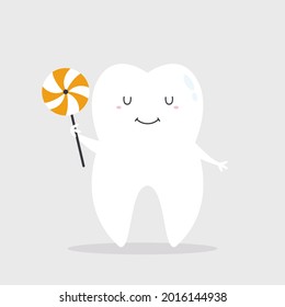 Vector Illustration Of A Happy Smiling Tooth With Candy. Image Of A Sweet Tooth