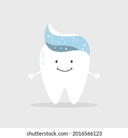 Ilustración vectorial de un diente sonriente feliz con un botón de mancha de pasta dental sobre él. Concepto de cuidado dental