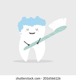 Vector illustration of a happy smiling tooth with toothbrush. Dental care concept