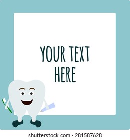 Vector illustration with happy smiling tooth holding toothpaste and toothbrush. Perfect template design for dentists, booklets on oral health, business cards and ads
