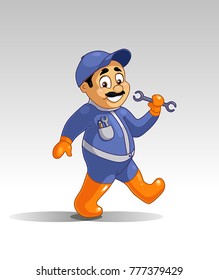 Vector illustration Happy smiling worker in a blue cap and costume - overalls, with protective orange gloves and overshoes, holding a wrench
