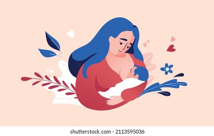 Ilustración vectorial de una joven sonriente feliz que alimenta a su bebé con leche materna. Fondo floral. 
