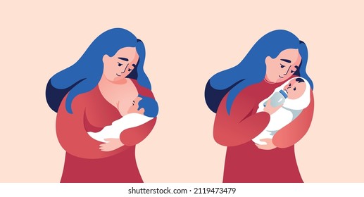 Vector illustration of happy smiling young woman mother feeding her baby with breast milk and feeding bottle. Mother feeding baby. 