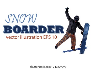 Vector illustration happy snowboarder jump with the snowboard in realistic style Background and text on a separate layer For ski resort, ski rent, snowbard party and other your design project