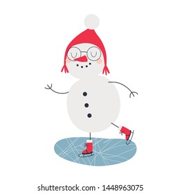 Vector illustration with happy snowman ice skater