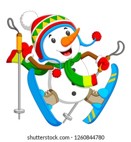 vector illustration of a happy snowman is jumping and playing with blue ice skating