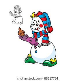  Vector Illustration of Happy snowman and a little bird in color and outline; isolated on background.