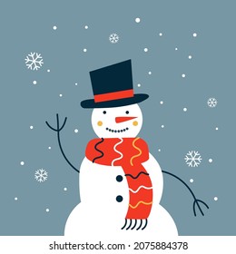 Vector illustration with happy snowman on gray snowy background. Christmas card with smiling character.