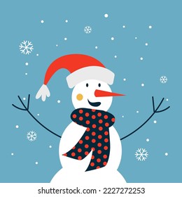 Vector illustration with happy snowman in santa hat on blue snowy background. Christmas card with smiling character.