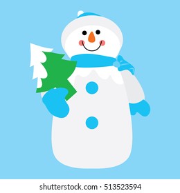 Vector illustration of happy snowman with tree