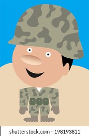 Vector illustration of happy soldier with helmet standing in camouflage clothing